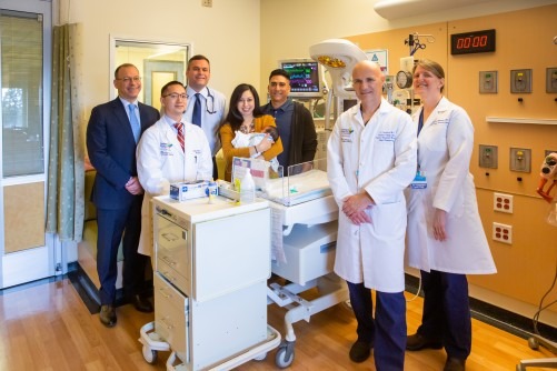 L-R, Mark Krieger, Jason Chu, Alex Van Speybroeck, Gilda Giron, Abigail Giron, Arnuf Giron, Philippe Friedlich and Rachel Chapman at Children's Hospital Los Angeles